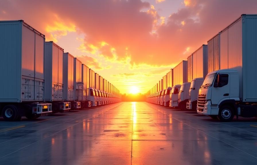Fleet of trucks lined up at a sunset warehouse